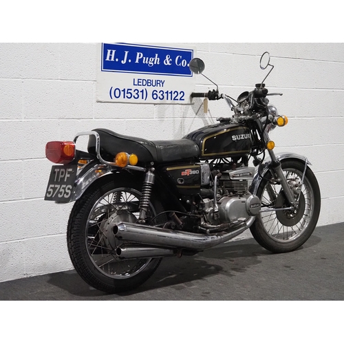 874 - Suzuki GT380 motorcycle. 1977. 371cc.
Runs and rides, ridden 30 miles to the sale room. Reg. TPF 575... 