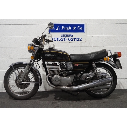 874 - Suzuki GT380 motorcycle. 1977. 371cc.
Runs and rides, ridden 30 miles to the sale room. Reg. TPF 575... 