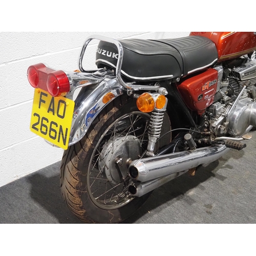 883 - Suzuki GT550 motorcycle. 1975. 553cc. 
Frame No. GT550-61615
Engine No. 64762
Runs and rides. 
Reg. ... 
