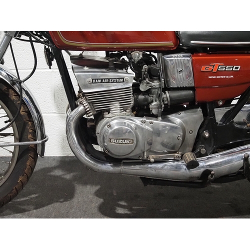 883 - Suzuki GT550 motorcycle. 1975. 553cc. 
Frame No. GT550-61615
Engine No. 64762
Runs and rides. 
Reg. ... 