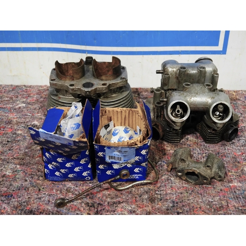 159 - Triumph pre unit cylinder head, barrels and NOS pistons