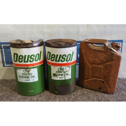 478 - Vigzol jerry can and 2 Castrol Deusol 20l oil cans