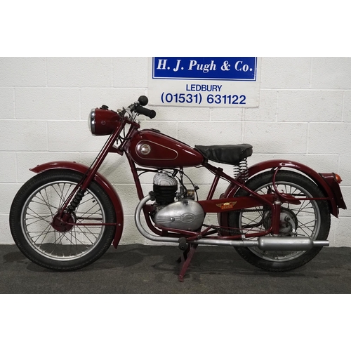 1014 - James Cadet motorcycle. 1955. 150cc. 
Frame No. 55-J-15-1843
Engine No. 958A3220
Runs and rides, has... 