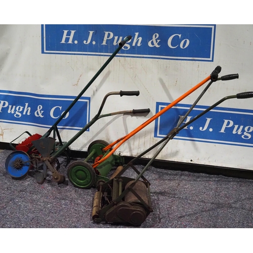 448 - The Minor vintage push mower, seed drill and other push mowers