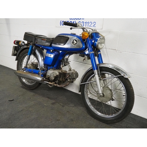 1057 - Honda SS50 motorcycle. 1969. 49cc. 
Runs and rides. 
Reg. AUL 473H. V5 and key.