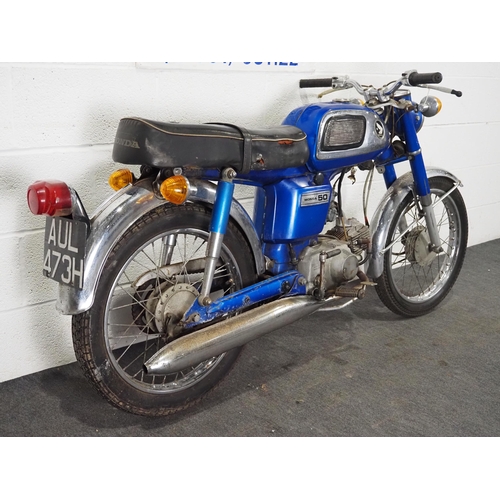 1057 - Honda SS50 motorcycle. 1969. 49cc. 
Runs and rides. 
Reg. AUL 473H. V5 and key.