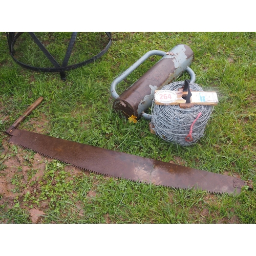 264 - Barbed wire, post banger and saw