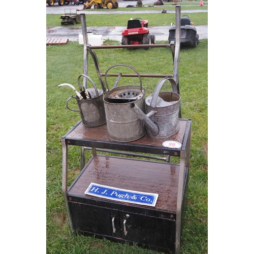 98 - Workshop cupboard and galvanised items to include stands and watering cans