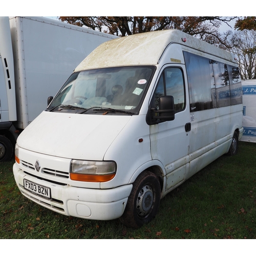 1321 - Renault Master LH35 diesel mini bus. No MOT. Reg. FX03 BZN. V5 and key in office