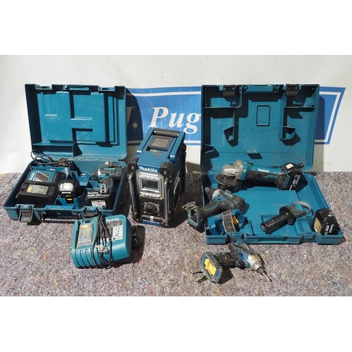 432 - Makita power tools to include grinders, radio, driver, chargers, etc.