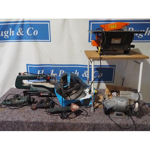 455 - Assorted power tools to include double ended bench grinder, scroll saw, sanders, etc.
