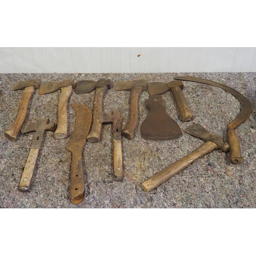 556 - Assorted axes, axe heads and hooks to include Elwell