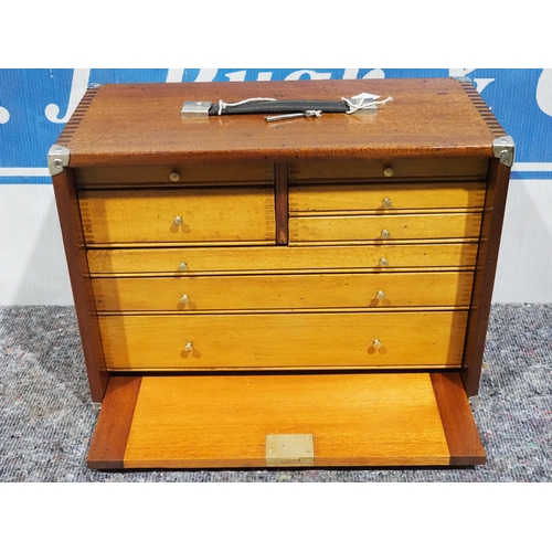 713 - Engineers 8 draw mahogany tool box and contents of punches, gauges, measuring devices and other engi... 