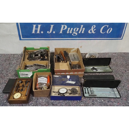 754 - 2 Boxes of assorted engineering tools to include gauges, reamers, micrometer, etc.