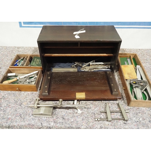 Engineers 3 drawer wooden toolbox and contents to include gauges, measuring devices etc
