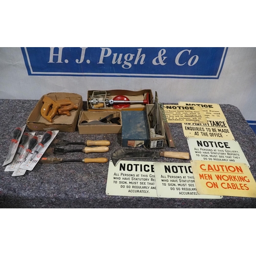 774 - Assorted hand tools and tins signs to include brazing irons and plane
