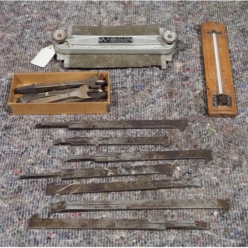 807 - Maco scribing template, woodworking brace bits, thermometer and plough plane knives