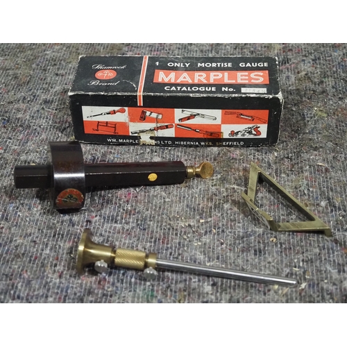 809 - William Marples & Son mortice gauge in original box, Glen Drake brass mortice gauge and Marples bras... 