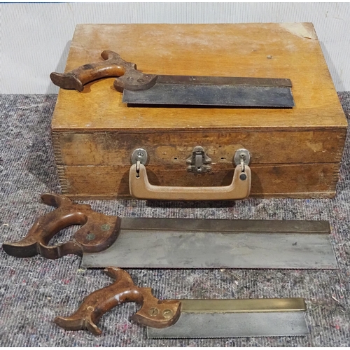 811 - Wooden toolbox, 2 Fletcher of London sash saws and 1 other