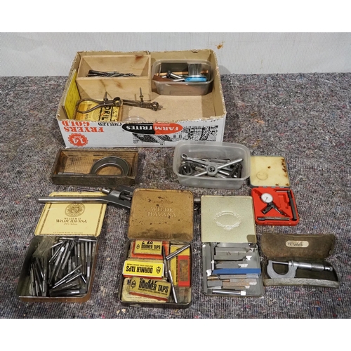 843 - Assorted engineering tools to include, taps, dies, micrometer etc