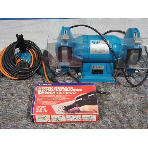871 - Wolf double ended bench grinder, Black and Decker drill and Dremel