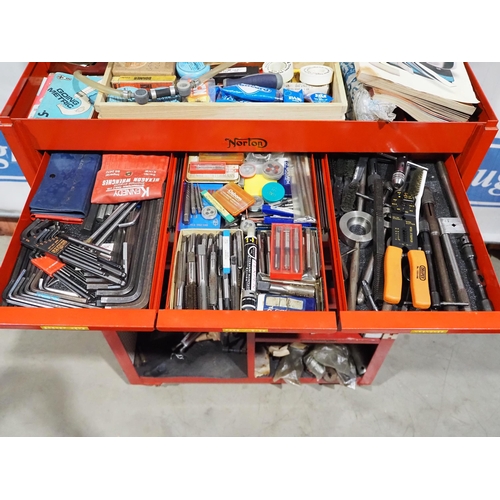 873 - Snap-on tool chest on wheeled cabinet with contents to include spanners, sockets, spark plugs etc