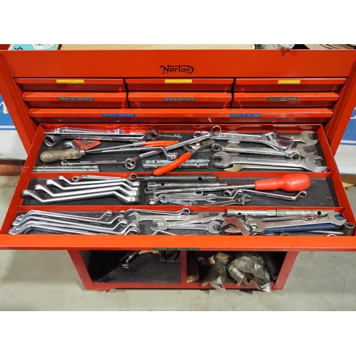 873 - Snap-on tool chest on wheeled cabinet with contents to include spanners, sockets, spark plugs etc