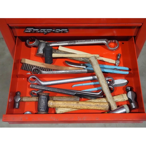 874 - Snap-on 9 drawer tool cabinet on wheels with contents to include sockets, pliers, chucks, hammers an... 