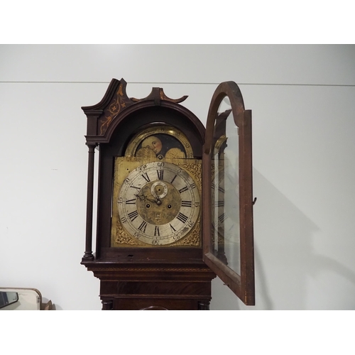 567 - Antique eight day long cased clock in mahogany with brass face and inlaid detailing H89