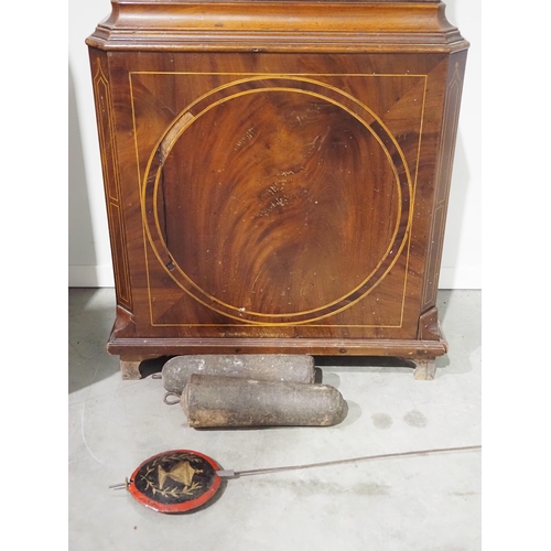 567 - Antique eight day long cased clock in mahogany with brass face and inlaid detailing H89