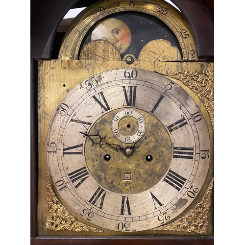 567 - Antique eight day long cased clock in mahogany with brass face and inlaid detailing H89