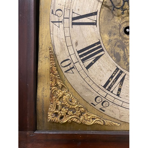 567 - Antique eight day long cased clock in mahogany with brass face and inlaid detailing H89