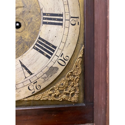 567 - Antique eight day long cased clock in mahogany with brass face and inlaid detailing H89