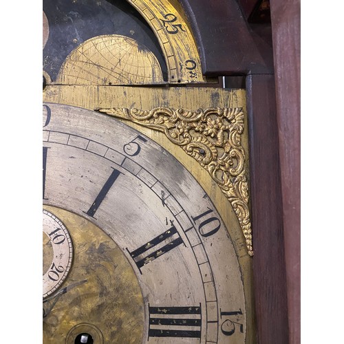 567 - Antique eight day long cased clock in mahogany with brass face and inlaid detailing H89