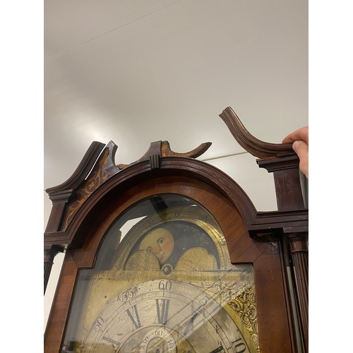 567 - Antique eight day long cased clock in mahogany with brass face and inlaid detailing H89