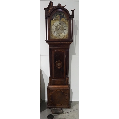 567 - Antique eight day long cased clock in mahogany with brass face and inlaid detailing H89