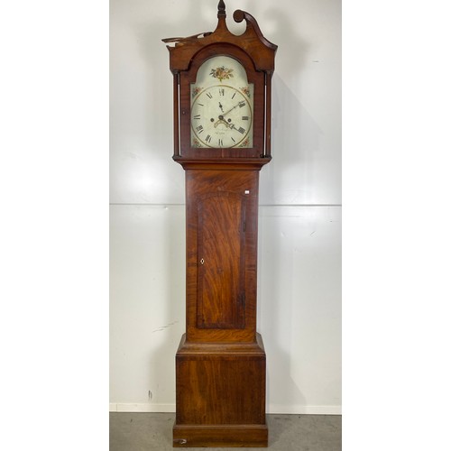 568 - Antique eight day long case clock in mahogany with enamel face H84