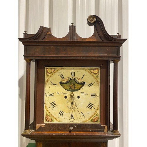 573 - Antique eight day long case clock in mahogany believed to be by W. Holgate Wigan with enamel face.  ... 