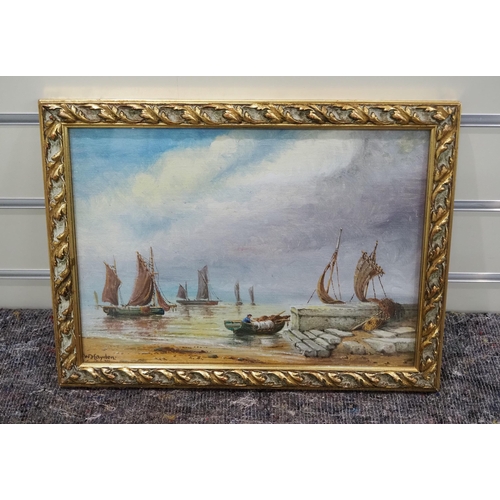 376 - Gilt framed oil on canvas - Harbor scene by W Hayden 9½