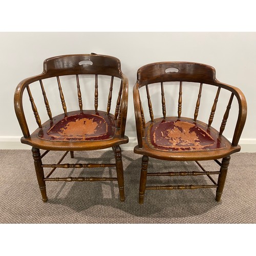 504 - Antique oak captains chairs with worn leather seat - 2