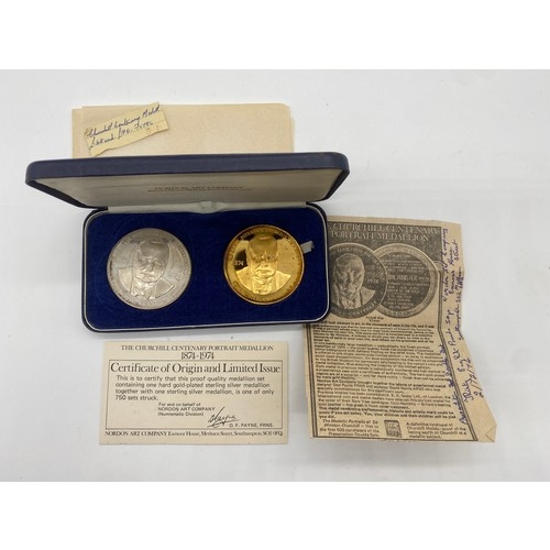 281 - Pair of Sir Winston Churchill gold plated and sterling silver medallions