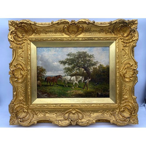 381 - Oil on canvas 'At Work - Near Chilton, Folkestone'  by Claude. L. Clarke in ornate gilt frame 9½