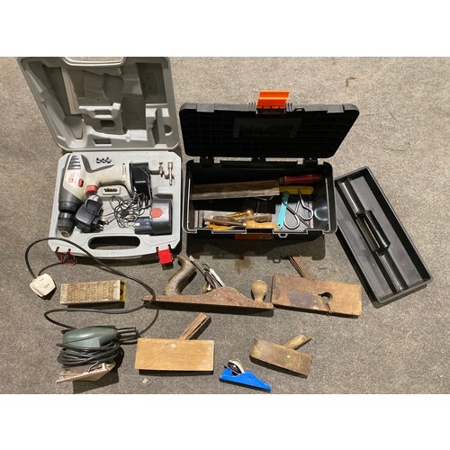 380 - Power drill, vintage planes, toolbox and contents to include sharpeners