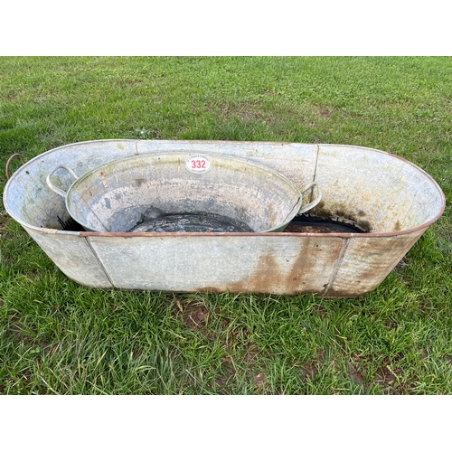 332 - Galvanised tub 4ft and 1 other