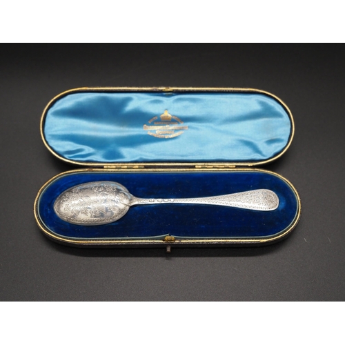 305 - Silver engraved christening spoon in original presentation box, London 1892. Approx. 20.9g