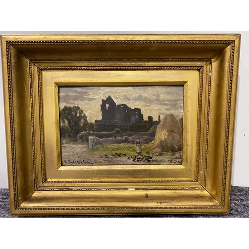 366 - Oil on board of Craigmillar castle Edinburgh by Henry Hadfield Cubley (1858-1934) 7½