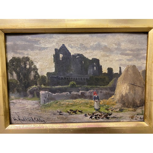 366 - Oil on board of Craigmillar castle Edinburgh by Henry Hadfield Cubley (1858-1934) 7½