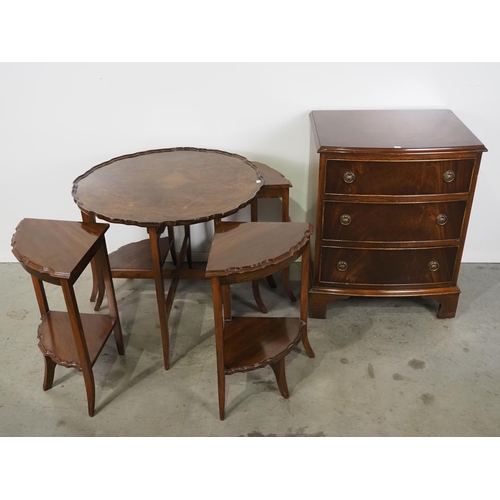 593 - Small reproduction chest of drawers and piecrust nest of four coffee tables