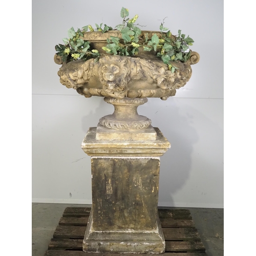 577 - Large modern plaster of Paris urn on concrete pedestal plinth H61