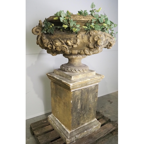 577 - Large modern plaster of Paris urn on concrete pedestal plinth H61